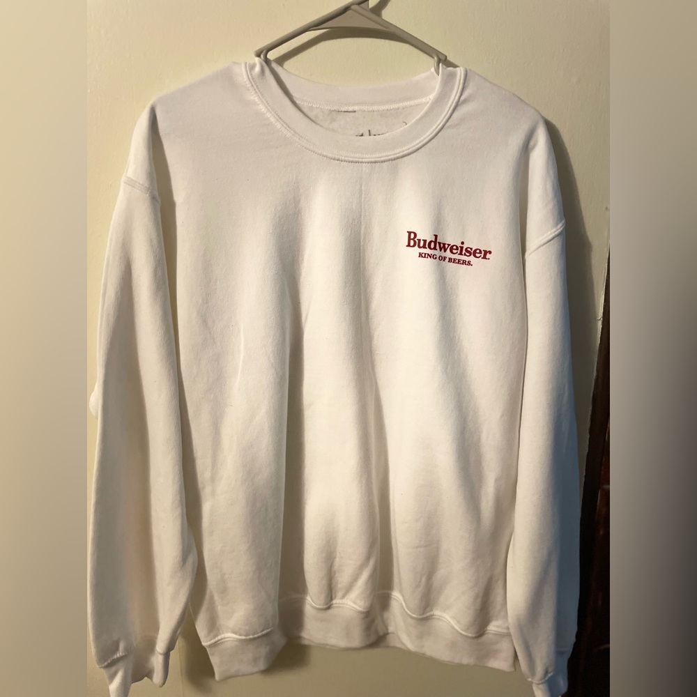 Men’s Budweiser White Sweatshirt. Double sided image.